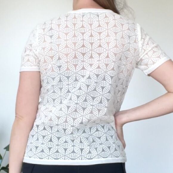 Ann Taylor Loft Women's Petite Medium Ivory Short Sleeve Sheer Embroidered Top S - Picture 4 of 12